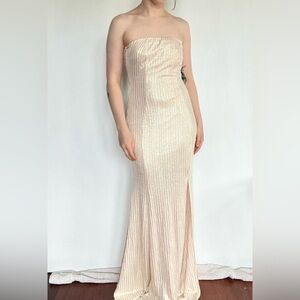 Faithful the Brand Maxi Dress Strapless Gown Striped Gold Cream Wedding Formal S